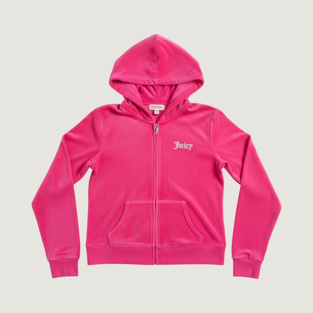 Juicy Couture Hot Pink Velour Barbiecore Hoodie Rhinestone Logo Lg Y2K McBling